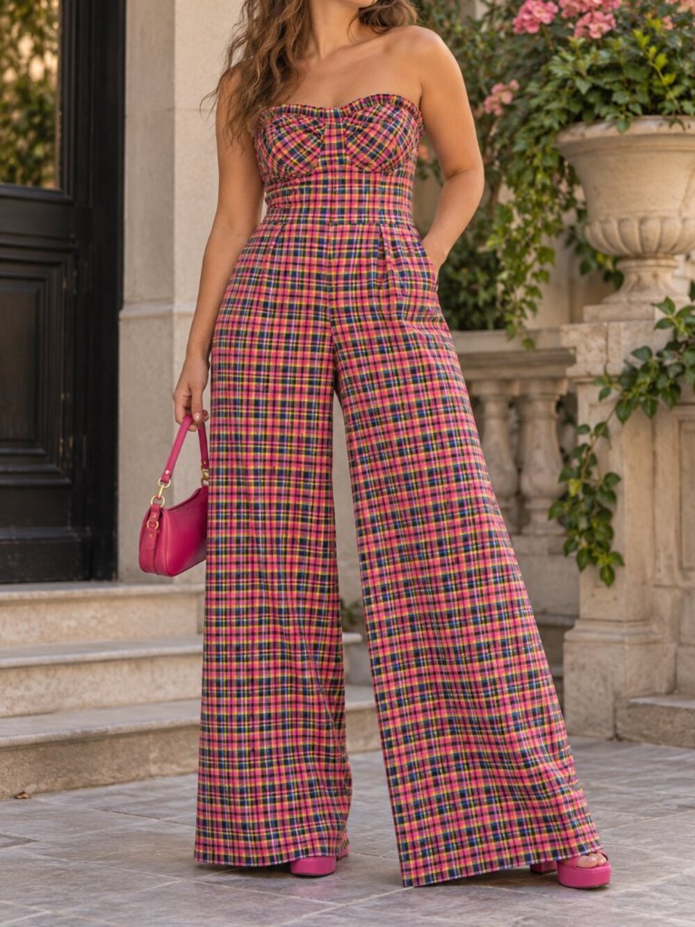 Eva Franco Anthropologie Pink Plaid Strapless Wide Leg Jumpsuit 12 NWT